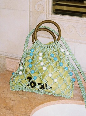 2025Tagi.圈圈果子编织手工串珠抽绳女手提单肩编织布包