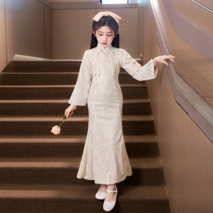 女生礼服旗袍走秀中国风女蕾丝短袖鱼尾开衩学生演讲主持演出服装