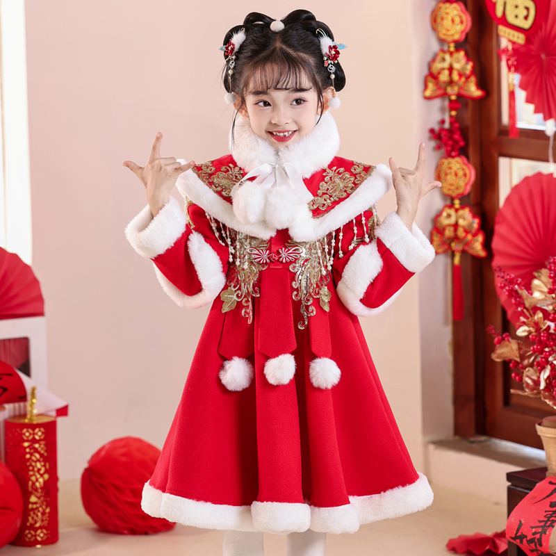 拜年服女宝宝秋冬季加厚中国风裙子女童冬装汉服儿童新年喜庆衣服