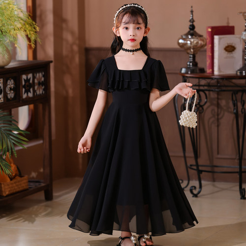 女童2026新款连衣裙夏季儿童薄款雪纺高级感大童女孩绝美黑色长裙