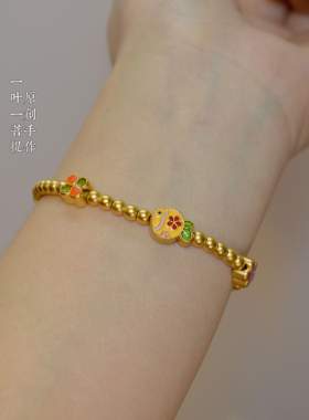 高温烧蓝桃花锦鲤古法沙金珐琅彩四叶草金鱼手串圆珠手链女友礼物