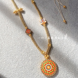 新中式曼陀罗时轮黄财神五福圆满沙金高温烧蓝配件毛衣链女款项链