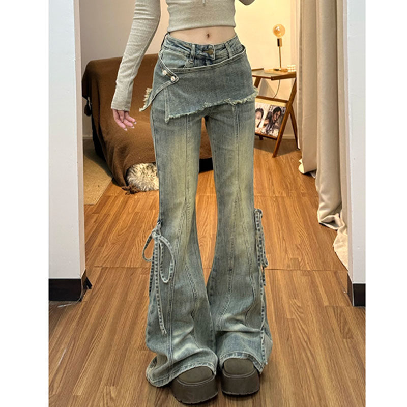 300斤美式假两件屁帘微喇牛仔裤子女2026春季新款辣妹修身喇叭裤,女装/女士精品,大码裤装,淘宝优惠券,粉丝福利购,淘宝优惠卷