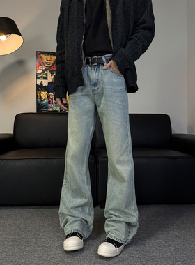 不靠脑子 美式复古水洗做旧vibe牛仔裤男女直筒微喇cleanfit长裤