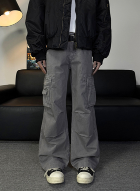 不靠脑子 美式复古工装风多口袋做旧微喇裤男女宽松阔腿休闲长裤