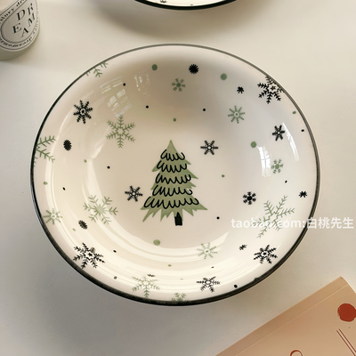 圣诞树泡面碗ins风可爱手绘印花家用陶瓷餐具泡面碗大容量高级感