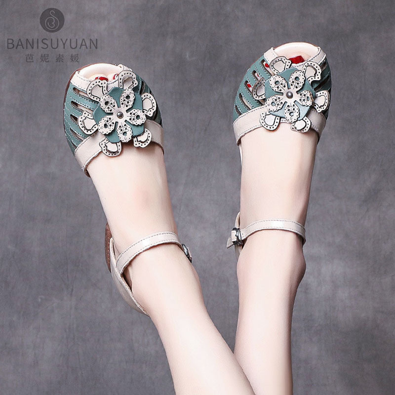 真皮粗跟凉鞋女夏季2025年新款一字带中跟女鞋复古手工软皮鱼嘴鞋,女鞋,时装凉鞋,淘宝优惠券,粉丝福利购,淘宝优惠卷