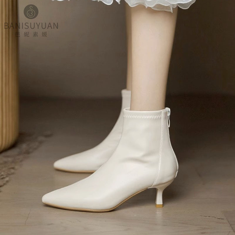 尖头短靴女细跟2025年秋冬季新款法式高跟靴子百搭软皮白色及踝靴