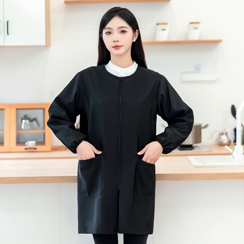 新款纯色圆领无帽简约厨房大人防水防油时尚长袖罩衣成人工作服女