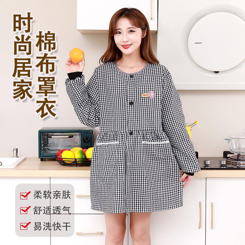 长袖棉布围裙女士家用厨房做饭罩衣小个子上班干活穿的薄款工作服