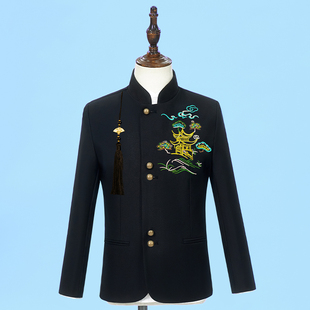儿童西装套装新中式风黑色刺绣中山装男童朗诵合唱演出服国风西服
