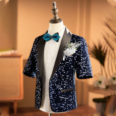 高档短袖亮片男童西服套装