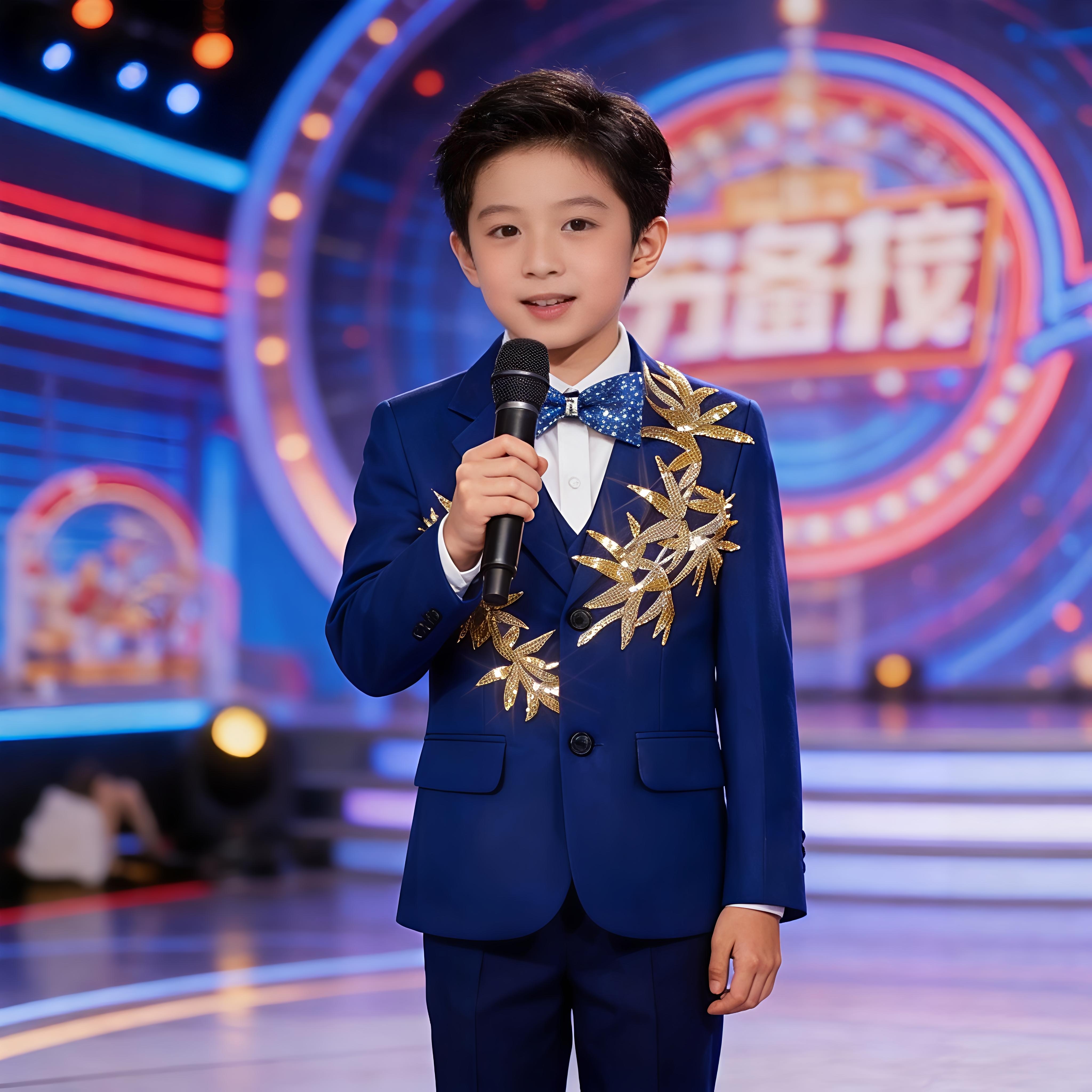 男童西服套装中国风主持人礼服中式儿童钢琴演奏唱歌吉他服装藏青