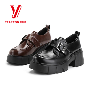 意尔康女鞋真皮厚底增高女款皮鞋百搭休闲鞋透气舒适黑色乐福鞋子