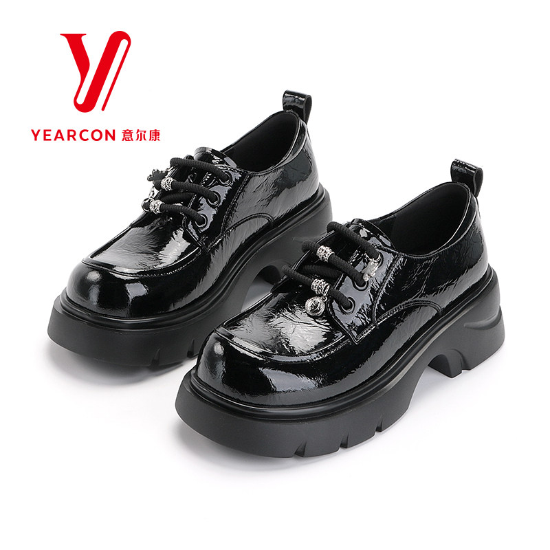 意尔康女鞋2026春季新款英伦风系带厚底小皮鞋粗跟单鞋黑色德比鞋