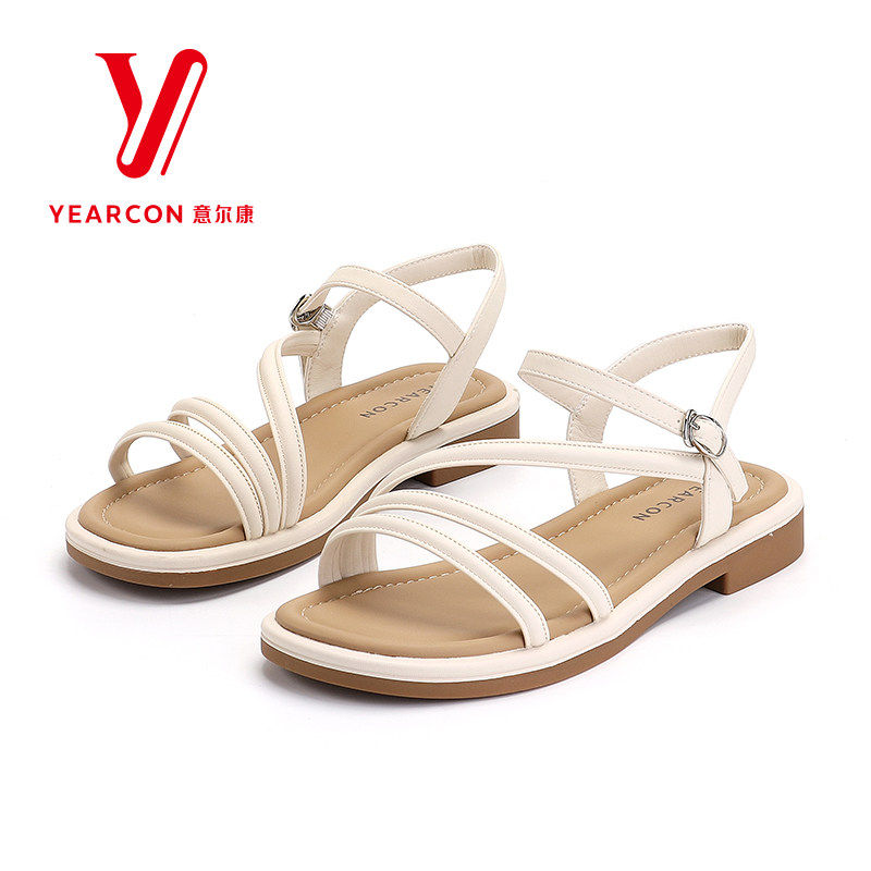 意尔康平底凉鞋女2025新款夏季一字带时装鞋女款通勤软底细带女鞋