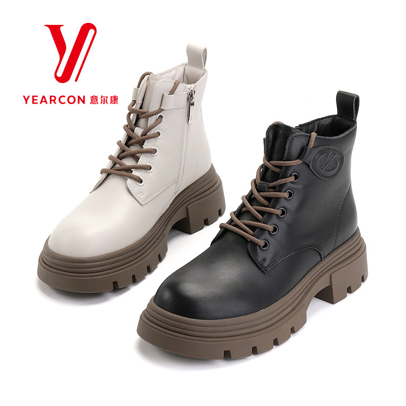 意尔康女鞋2025新款冬季马丁靴女款真皮短靴加绒加厚保暖厚底靴子