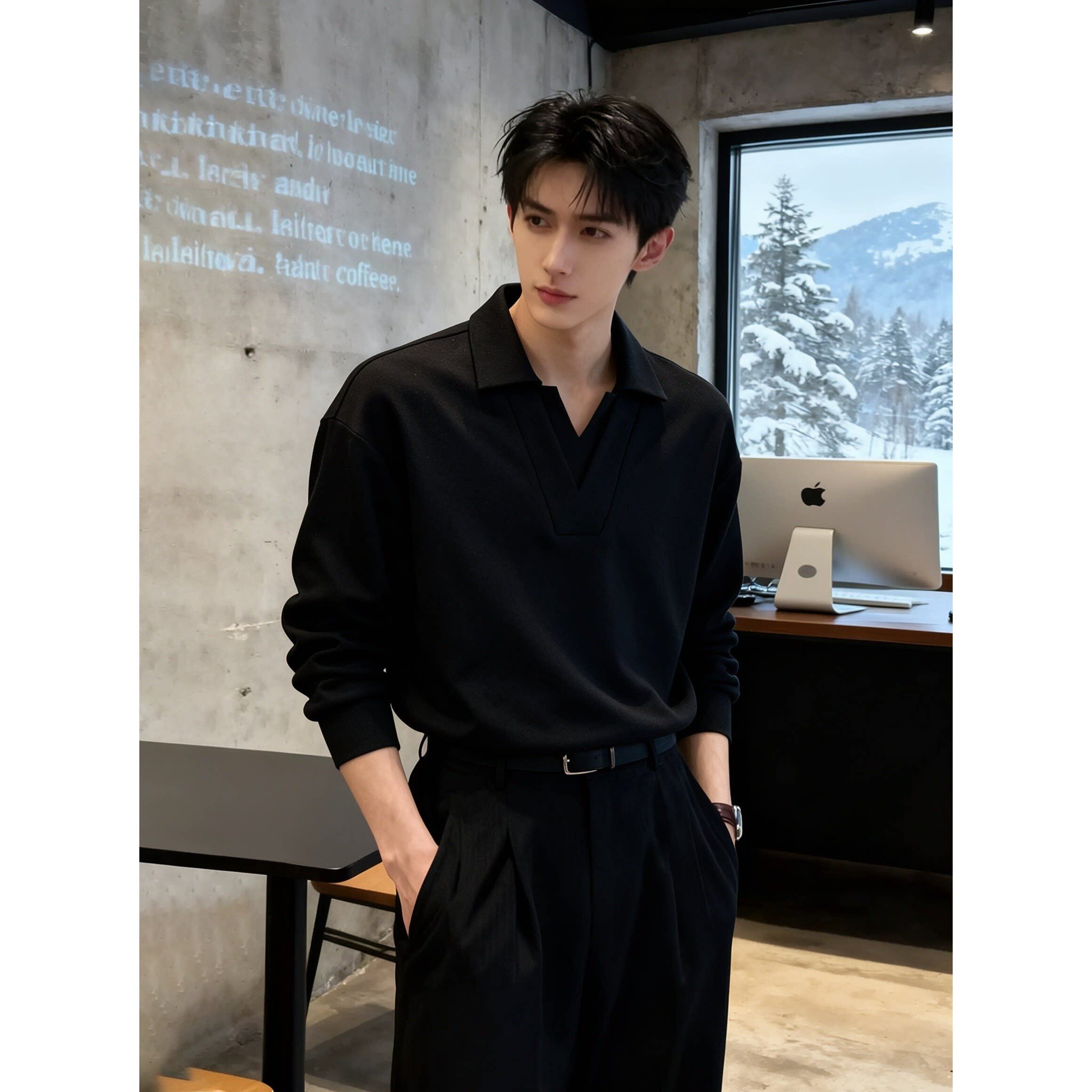 高智感双V领黑色POLO衫男款秋季高级感假两件卫衣潮牌长袖打底衫