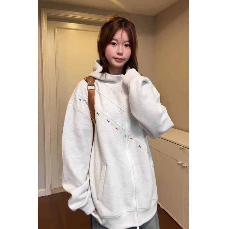 美式高街刺绣斜切连帽卫衣秋季男宽松显瘦百搭情侣开衫运动外套