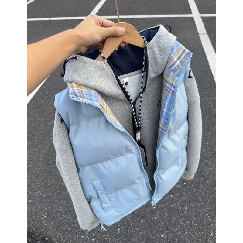 美式格子拼接棉服马甲男女秋冬款坎肩立领复古棉衣外套情侣衣服潮