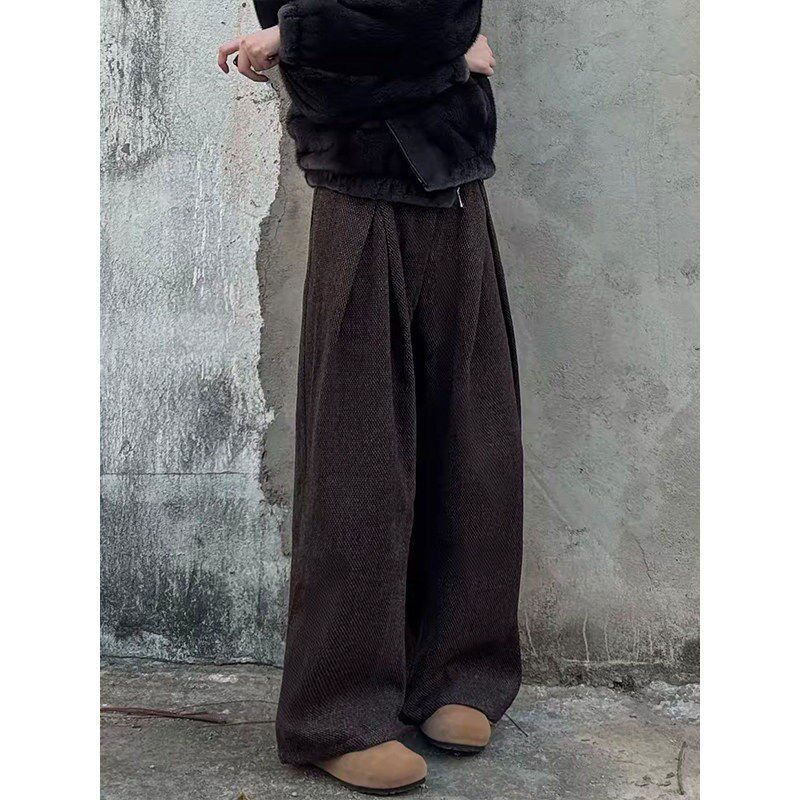 A+加厚裤子冬季老钱风复古A字版打褶毛呢西裤百搭宽松阔腿休闲裤