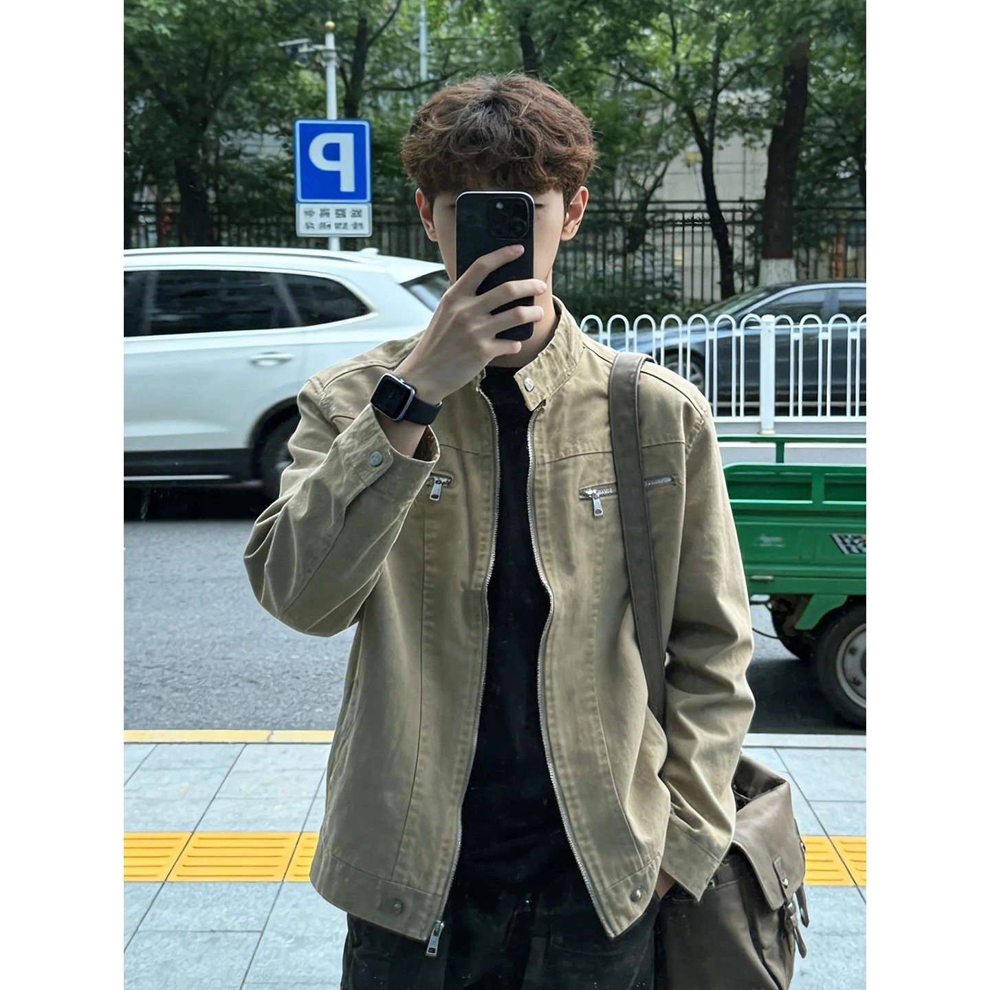 卡其色正肩哈灵顿夹克男款春秋季短款工装牛仔衣美式复古立领外套