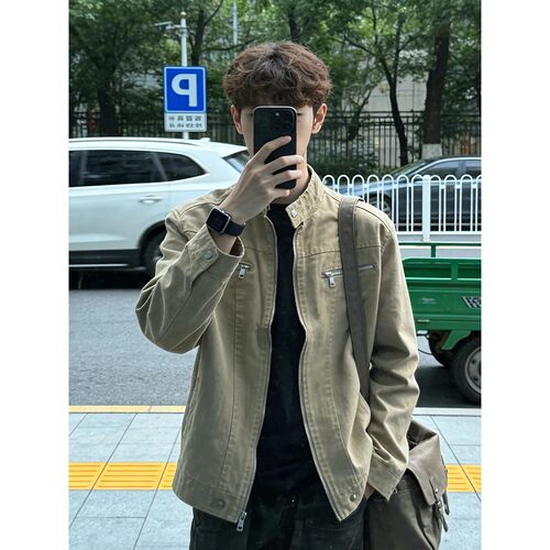 卡其色正肩哈灵顿夹克男款春秋季短款工装牛仔衣美式复古立领外套