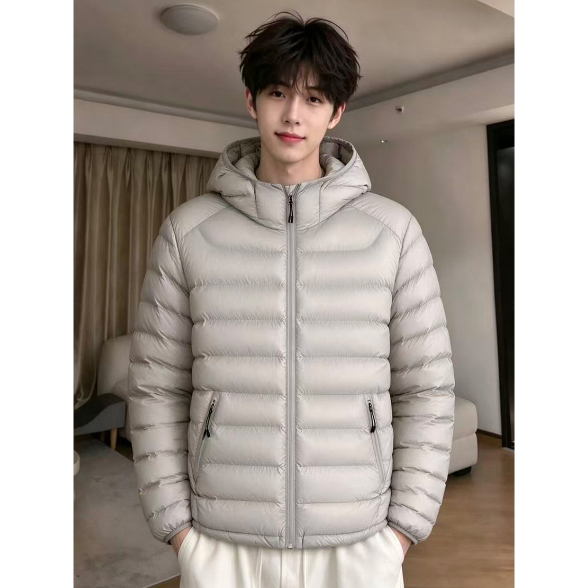 浅灰色cleanfit排骨羽绒棉服男冬潮牌松弛感连帽棉衣保暖拉链外套