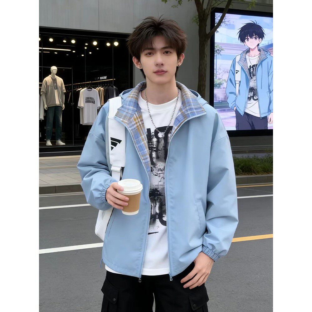 cleanfit格子拼接夹克男春秋季高级感痞帅翻领外套潮牌情侣棒球服