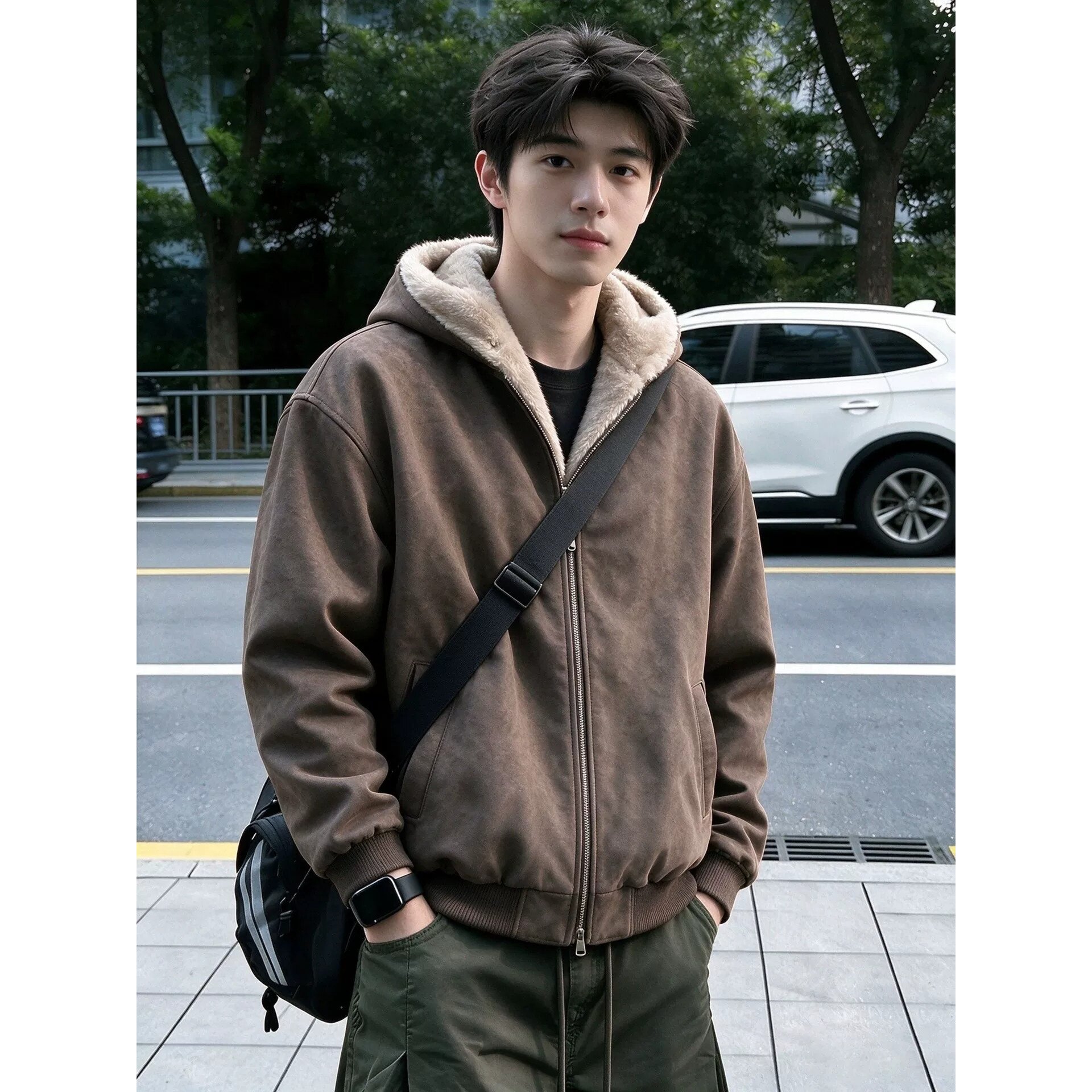 美拉德羊羔绒PU皮衣座山雕外套男款秋季boxy加绒保暖连帽夹克棉服