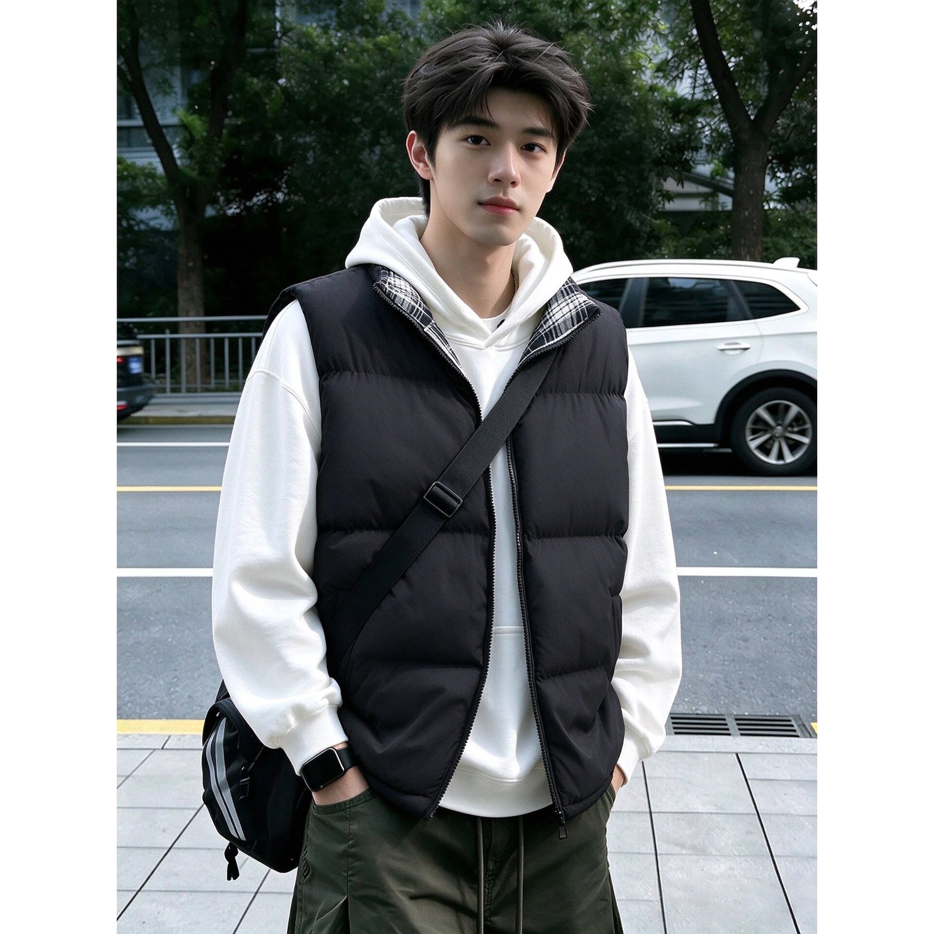 黑色格子拼接短款羽绒棉服马甲男秋冬季cleanfit美式立领保暖外套