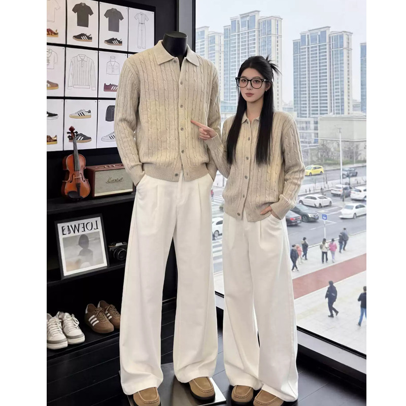 燕麦色麻花开衫毛衣男女款秋冬老钱风穿搭套装慵懒高级感针织外套
