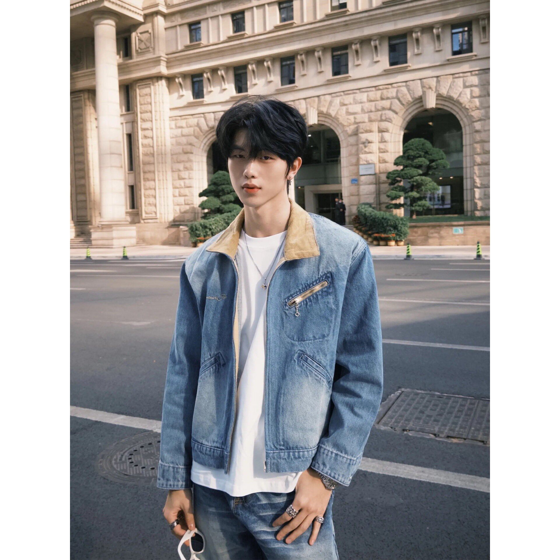 cleanfit水洗蓝撞色翻领牛仔外套男秋季设计感短宽正肩夹克棒球服