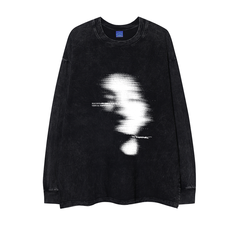 thumbnail for American-Style Distressed Washed Blurred Illusion Long-Sleeve Retro High Street Hip-Hop Streetwear Oversize Autumn and Winter Loose T-Shirt