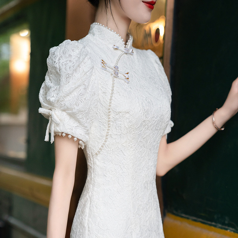 改良旗袍敬酒服女夏季2022年新款气质高端白色连衣裙领证平时可穿