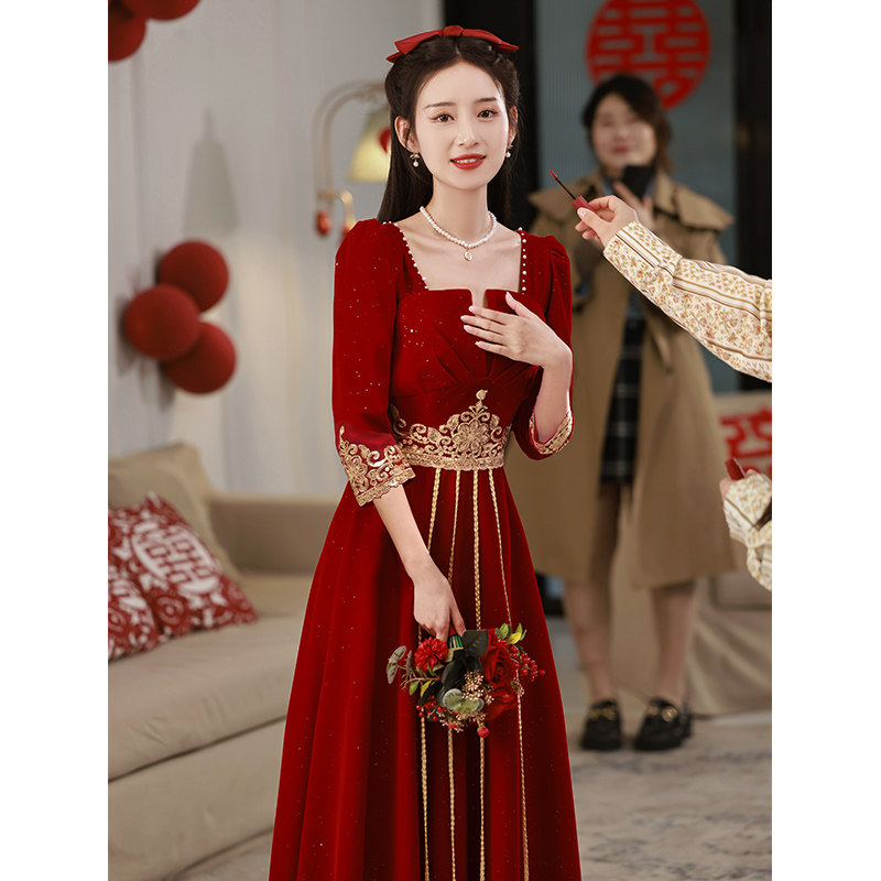 酒红色敬酒服新娘2023新款夏季气质高级感结婚订婚礼服女平时可穿_虎窝淘