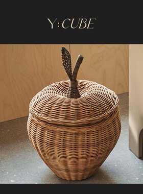 现货Y:CUBE丹麦Ferm Living Braided手工编织藤条苹果梨收纳篮子