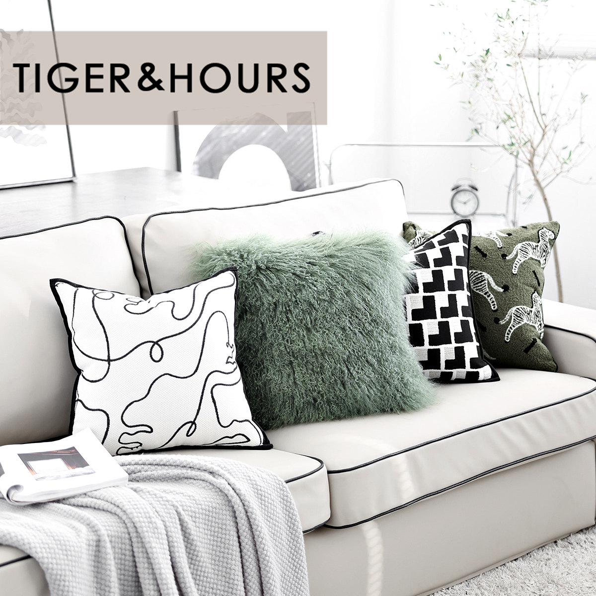 渡家轻奢设计师款抹茶绿色滩羊毛靠垫抱枕别墅沙发方枕暖冬毛毛