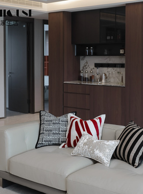 现代轻奢客厅沙发红色贴布绣斑马纹靠枕样板间靠垫办公室靠包