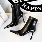 瘦瘦靴女短筒细跟超高跟小皮靴欧美宴会风简约尖头冬季 侧拉链短靴