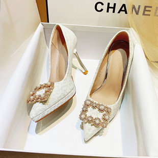 水钻扣rv水晶高跟鞋香槟色新娘婚纱鞋加毛闪亮防水台女细跟宴会鞋