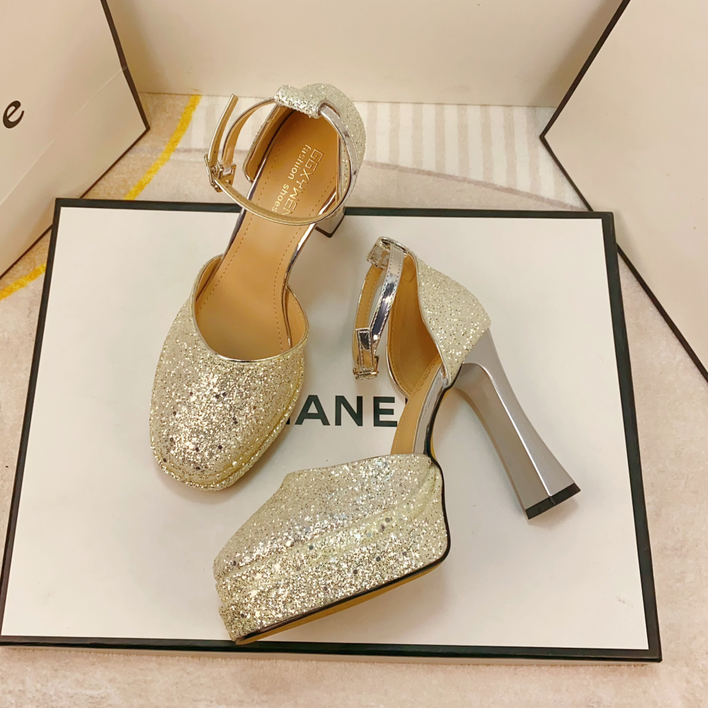 法式亮片亮闪婚鞋女双层防水台中空单鞋方头粗跟一字带厚底高跟鞋,女鞋,婚鞋,淘宝优惠券,粉丝福利购,淘宝优惠卷