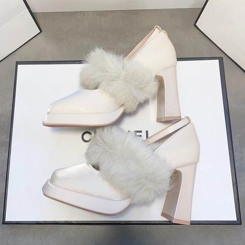 毛毛高跟鞋方头粗跟保暖国风绸缎