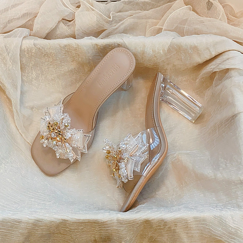 法式水钻透明凉鞋女2025夏新款外穿拖鞋简约水晶串珠粗跟高跟凉拖