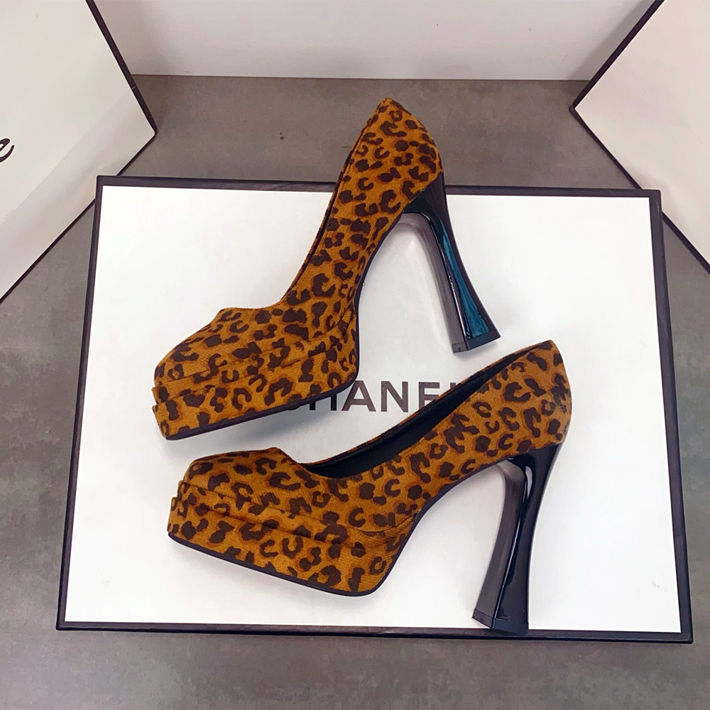 欧美豹纹防水台超高跟鞋女浅口单鞋辣妹风性感绒面厚底粗跟宴会鞋