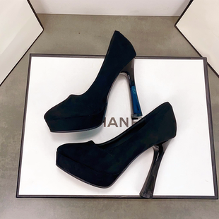 法式防水台高跟鞋女简约圆头粗跟绒面百搭不累脚配晚礼服宴会单鞋