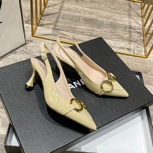 法式小金扣单鞋2023夏季新款浅口后绊带包头细跟高跟鞋职业OL女鞋