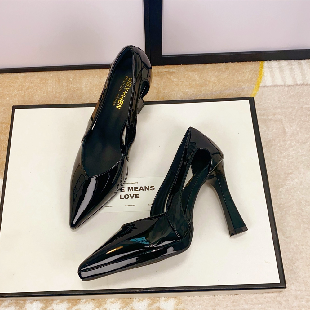 法式漆皮尖头高跟鞋女御姐性感黑色斩男防水台亮面侧镂空细跟单鞋