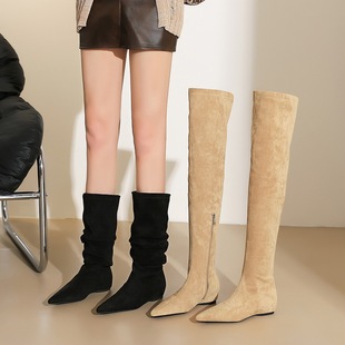 欧美过膝长靴女侧拉链绒面单靴堆堆靴尖头内增高平底坡跟长筒袜靴