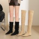 欧美过膝长靴女侧拉链绒面单靴堆堆靴尖头内增高平底坡跟长筒袜靴